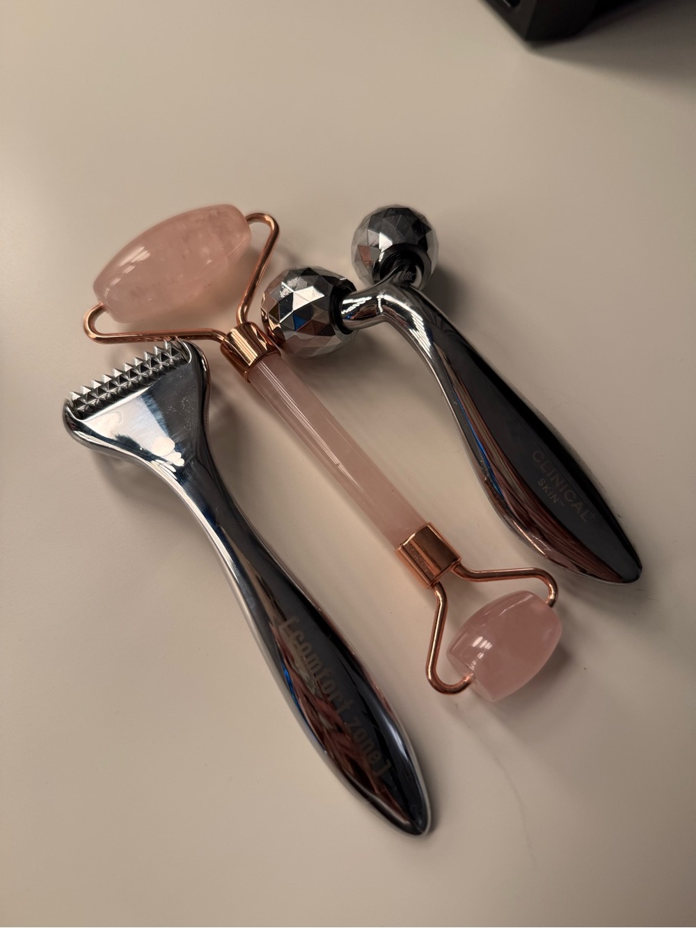 Rose Quartz Facial Roller & Dual-Head Facial Massager Set - Pink and Silver